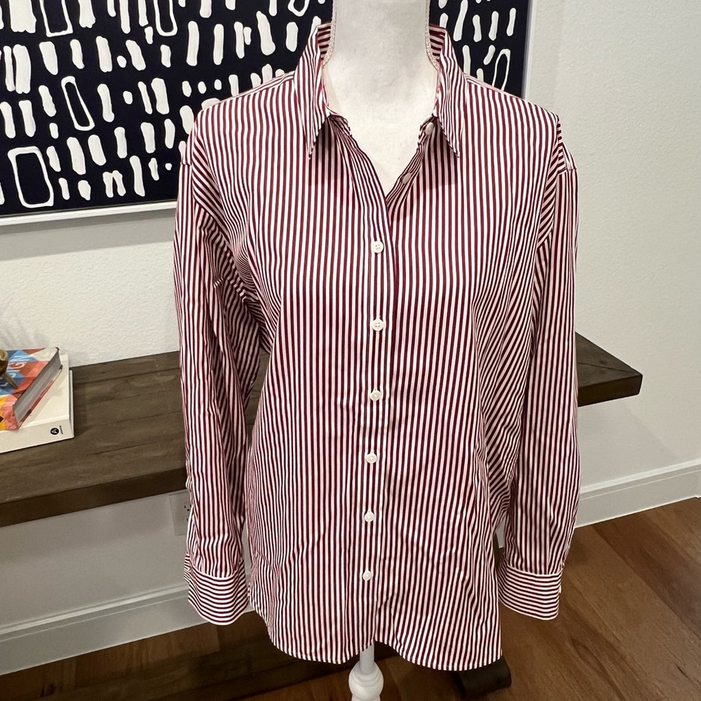 NWOT Spanx Poplin Oversized Long Sleeve Button Down - Burgundy/White Stripe - XL